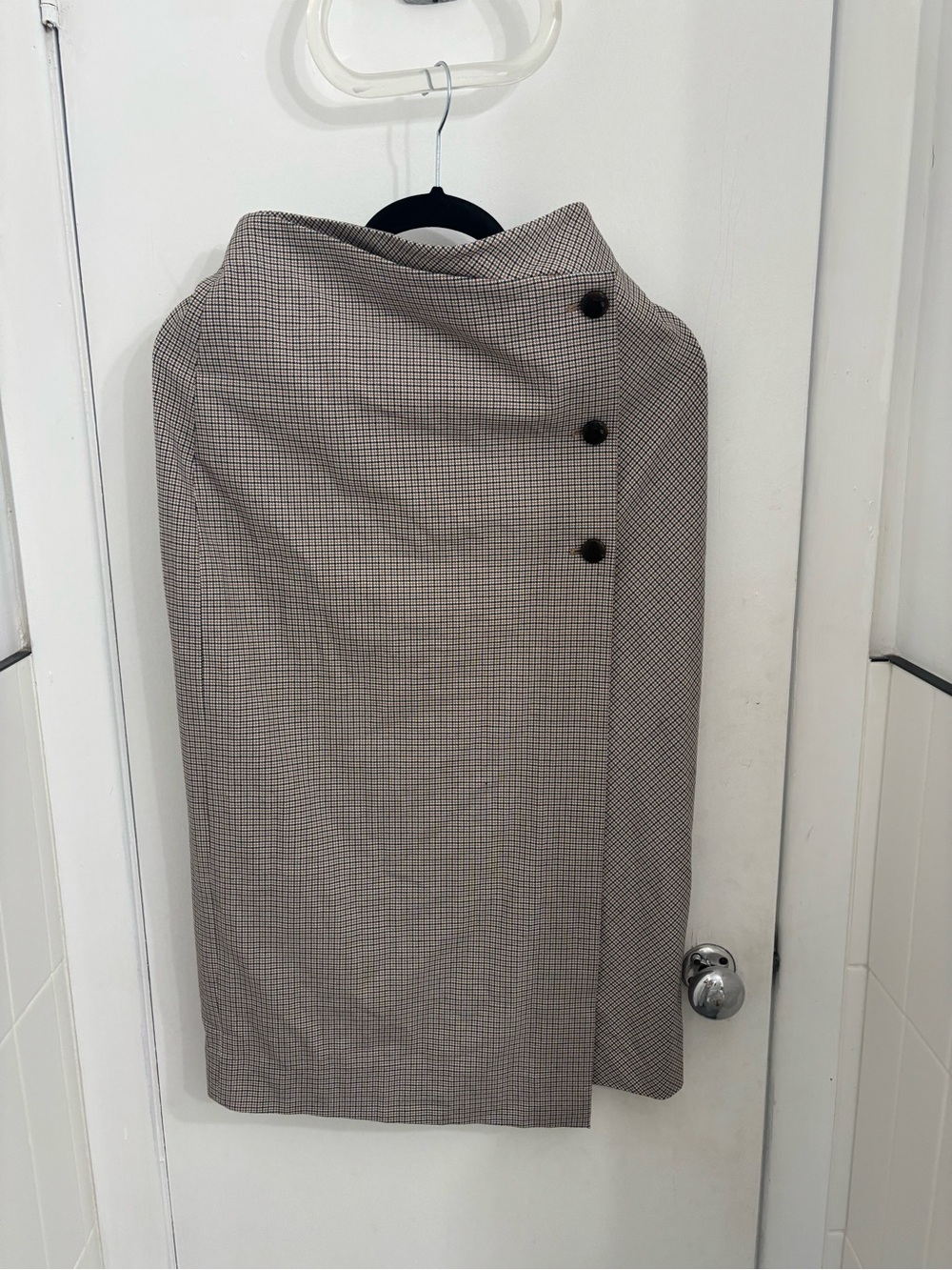 Babaton Neutral Check Wrap-Midi Skirt with Button Detail